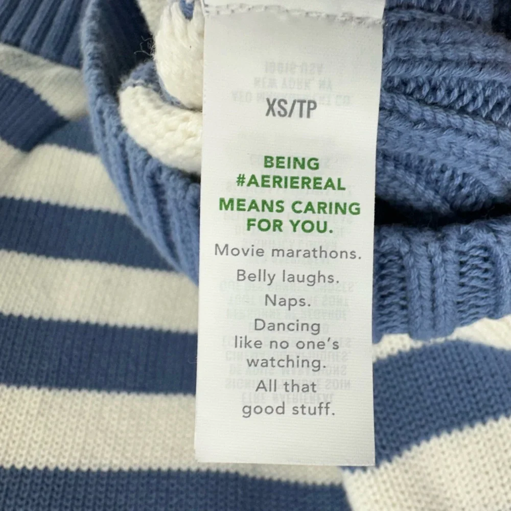 Aerie Striped Rolled Collared Sweater Blue‎ White Nautical Oversized Womens XS